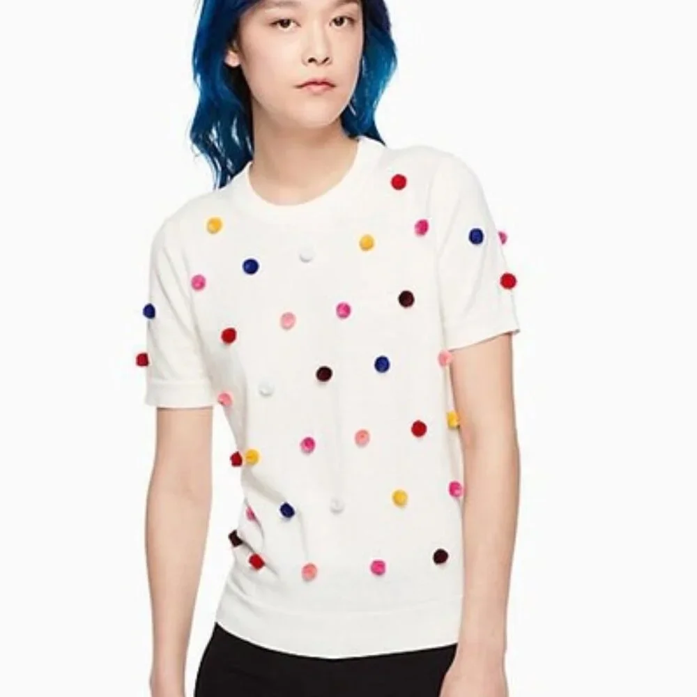EUC Kate Spade Pom Cashmere Cotton Sweater Multicolor Pom Poms Tee Size XS